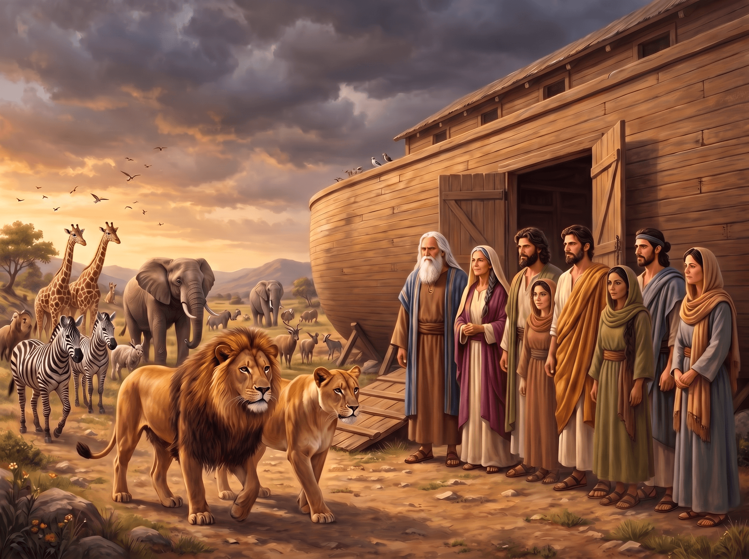 A painting of Noah, his wife, his three sons and their wives standing at the open door of the ark under a darkening sky, as the animals come to it two by two