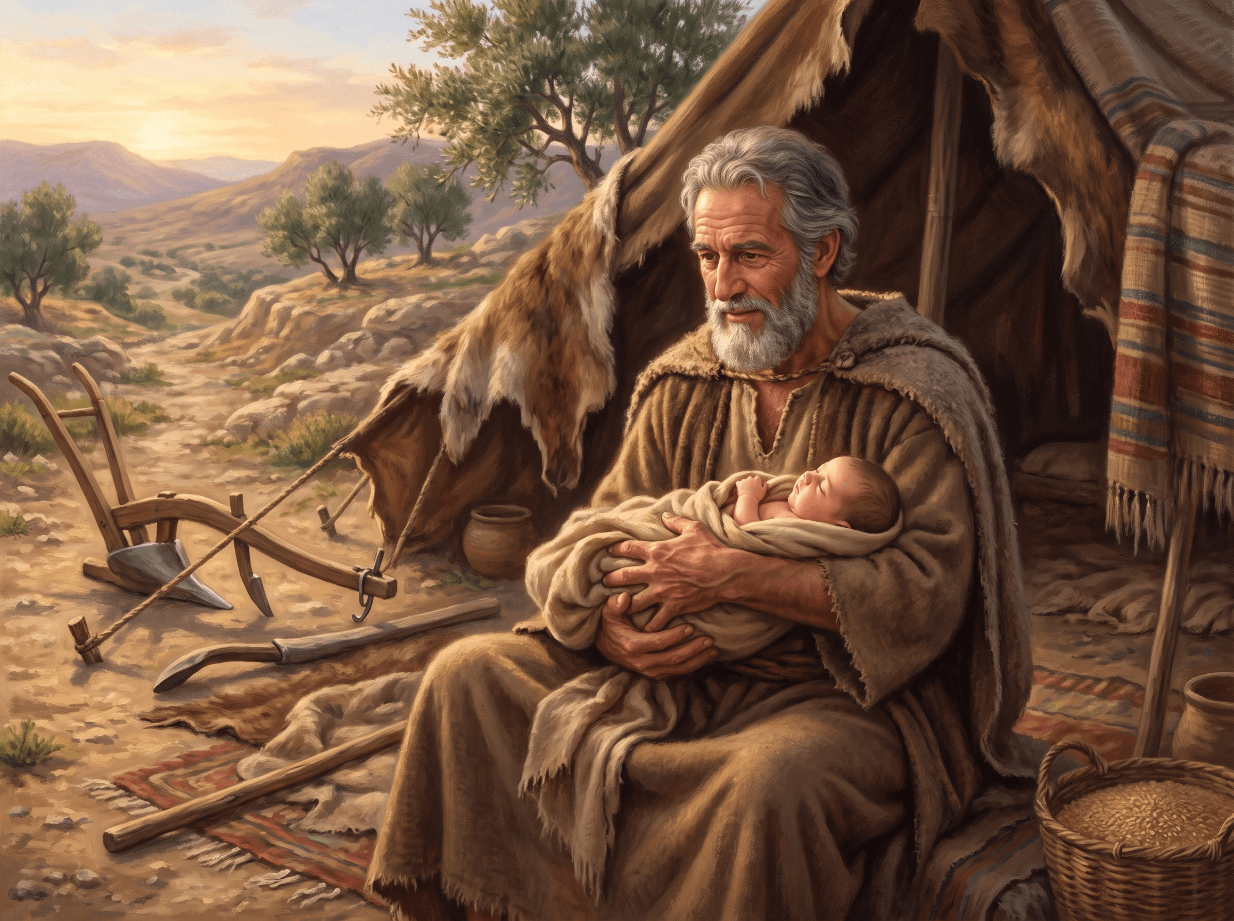 A painting of Lamech holding his newborn son Noah outside a tent, with a plow and tools lying on the ground nearby
