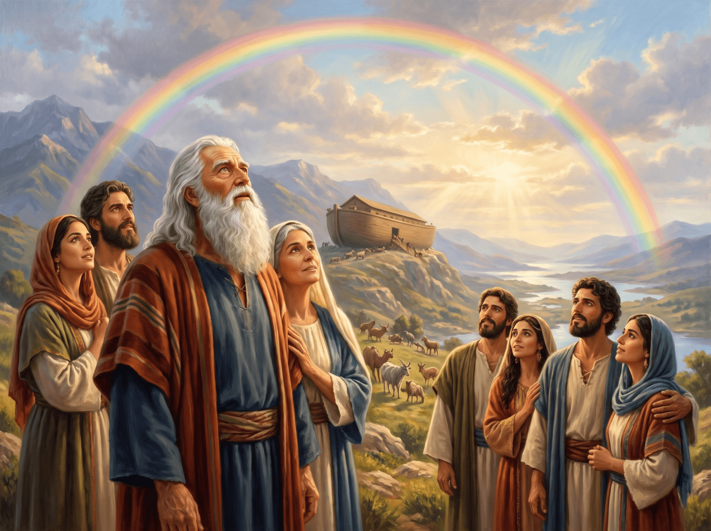 A painting of Noah and his family looking up at a rainbow in the sky, with the ark and the animals on the hillside behind them