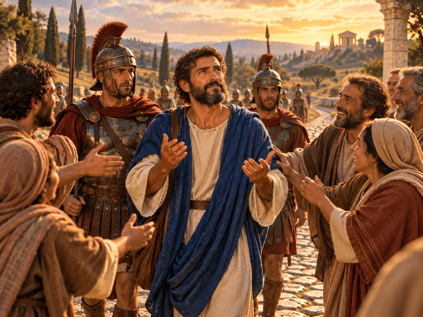 A painting of believers from Rome meeting Paul on the road