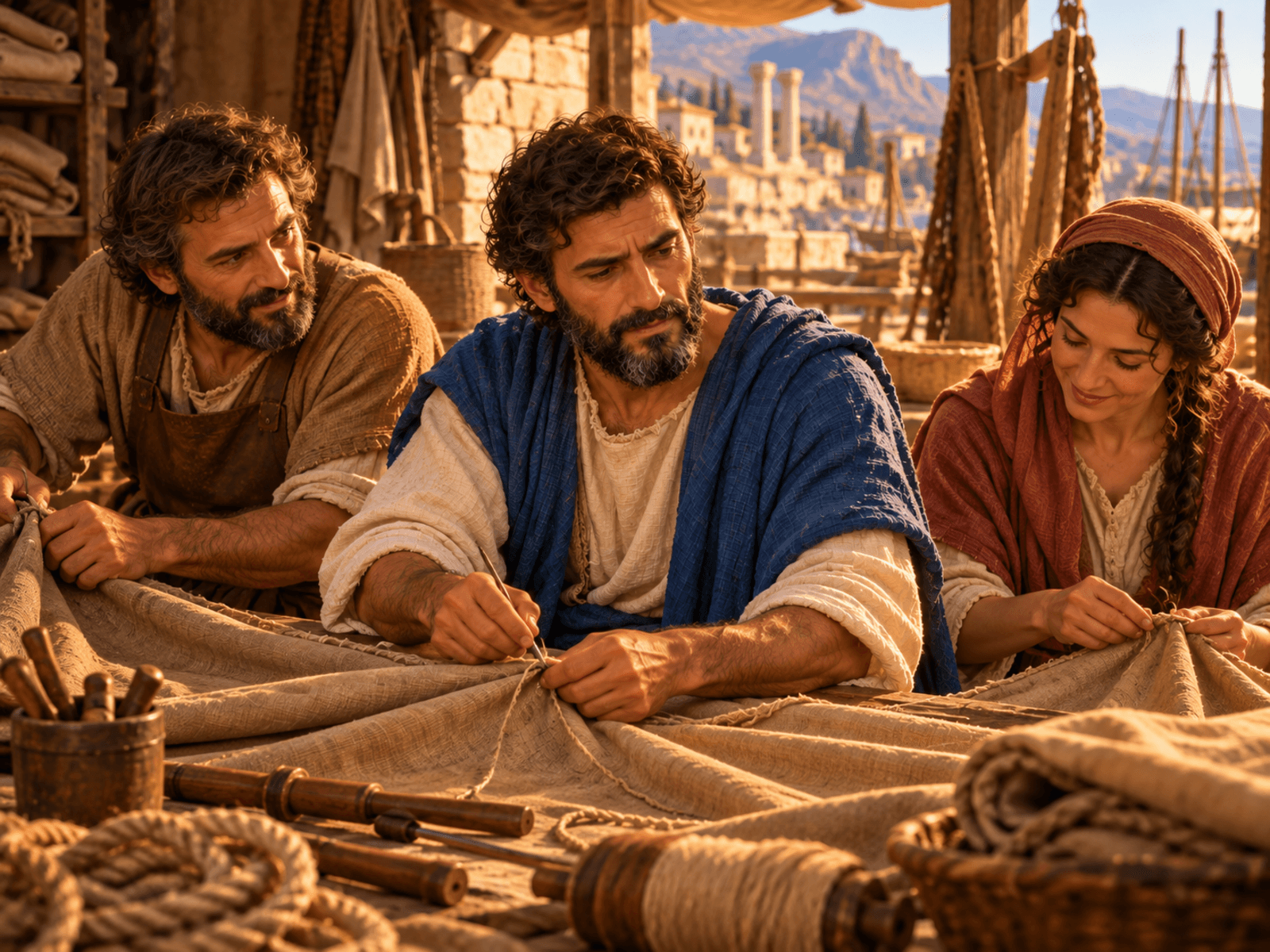 A painting of Paul making tents with Aquila and Priscilla in Corinth