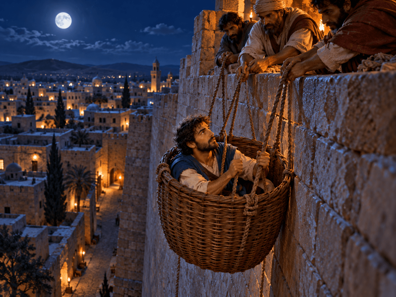 A painting of Saul lowered in a basket through the wall of Damascus