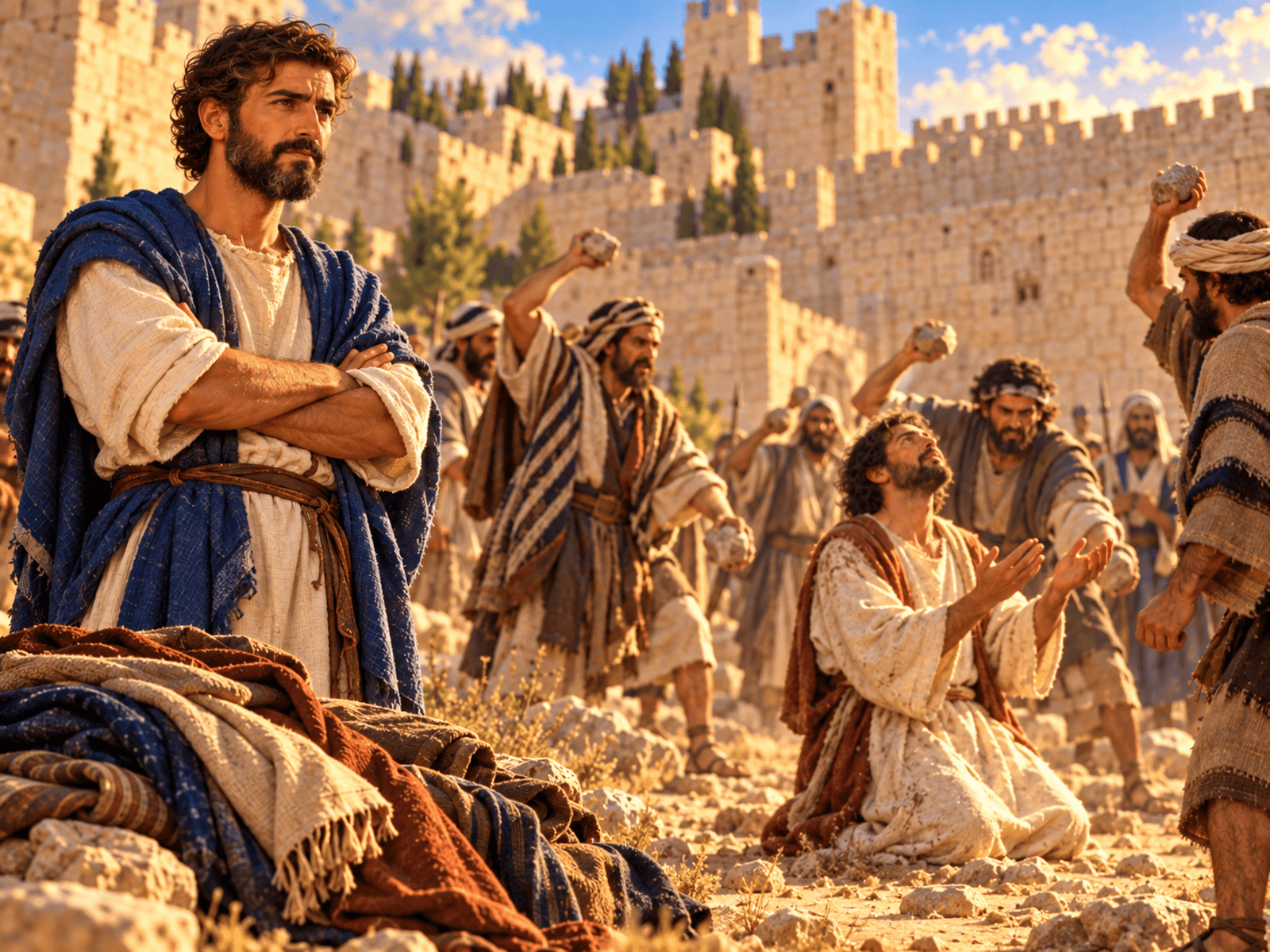 A painting of young Saul guarding the cloaks at the stoning of Stephen