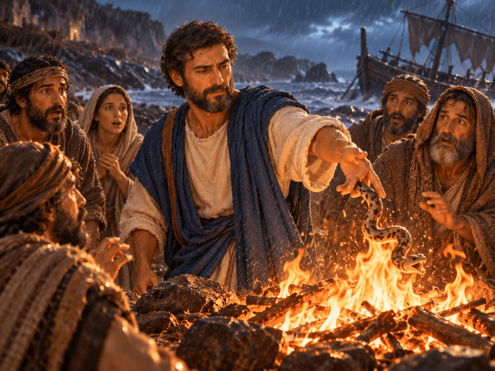 A painting of Paul shaking the viper into the fire on Malta