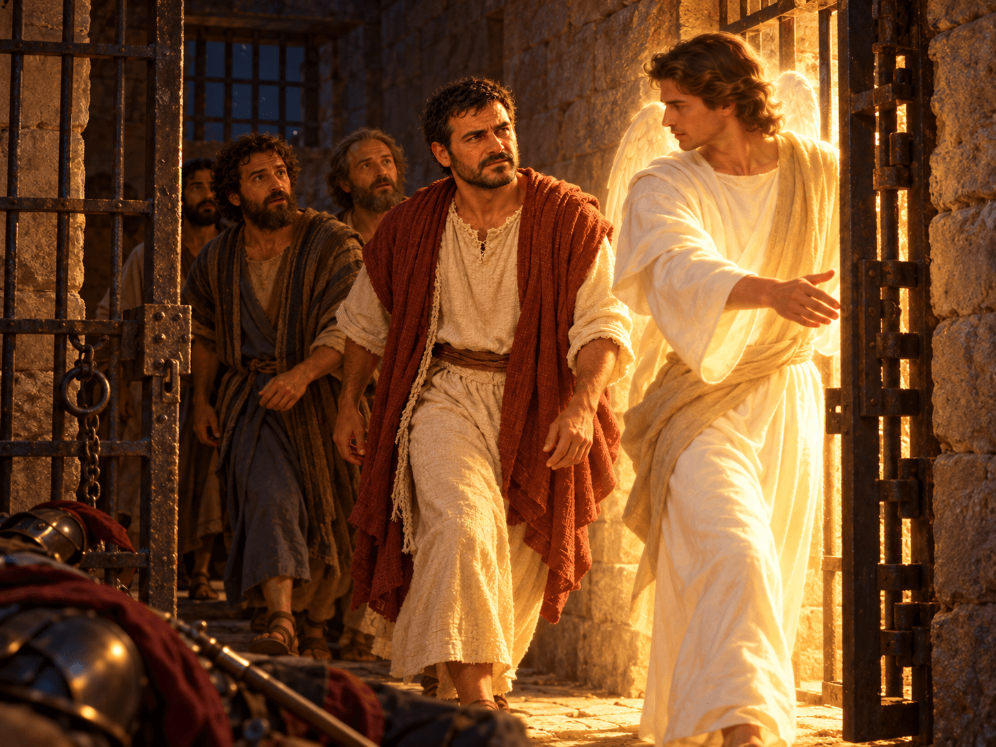 A painting of an angel leading the apostles out of the jail