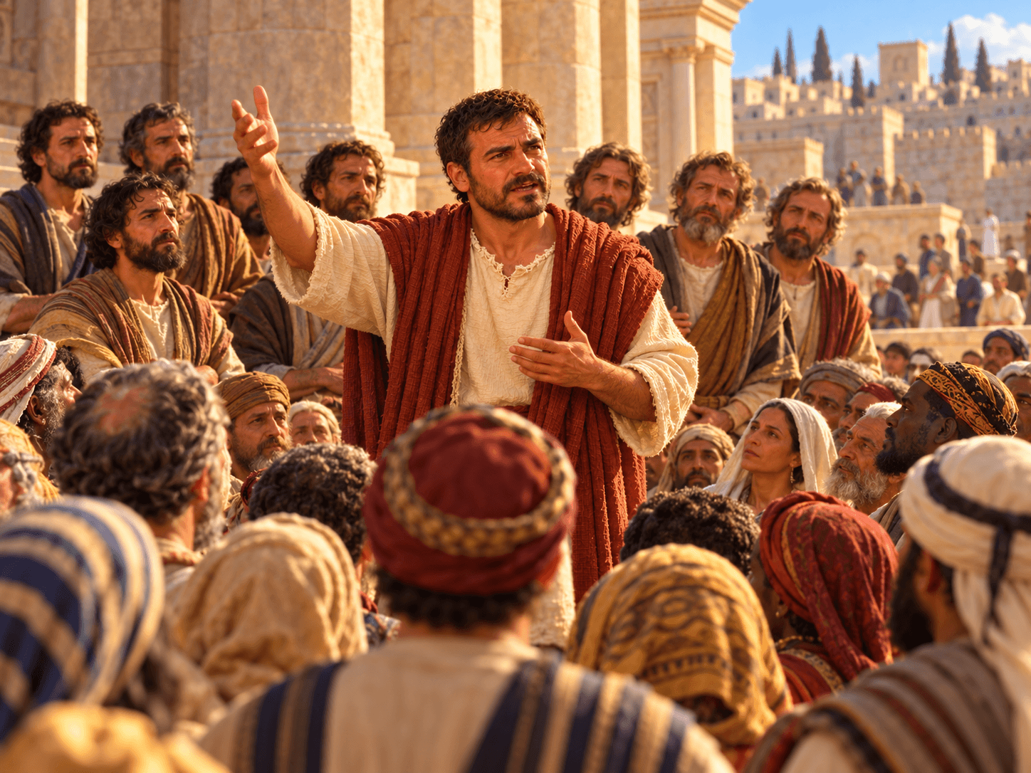 A painting of Peter preaching to the crowd at Pentecost