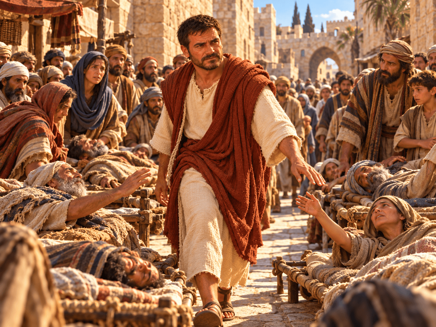 A painting of the sick laid in the street as Peter passes by