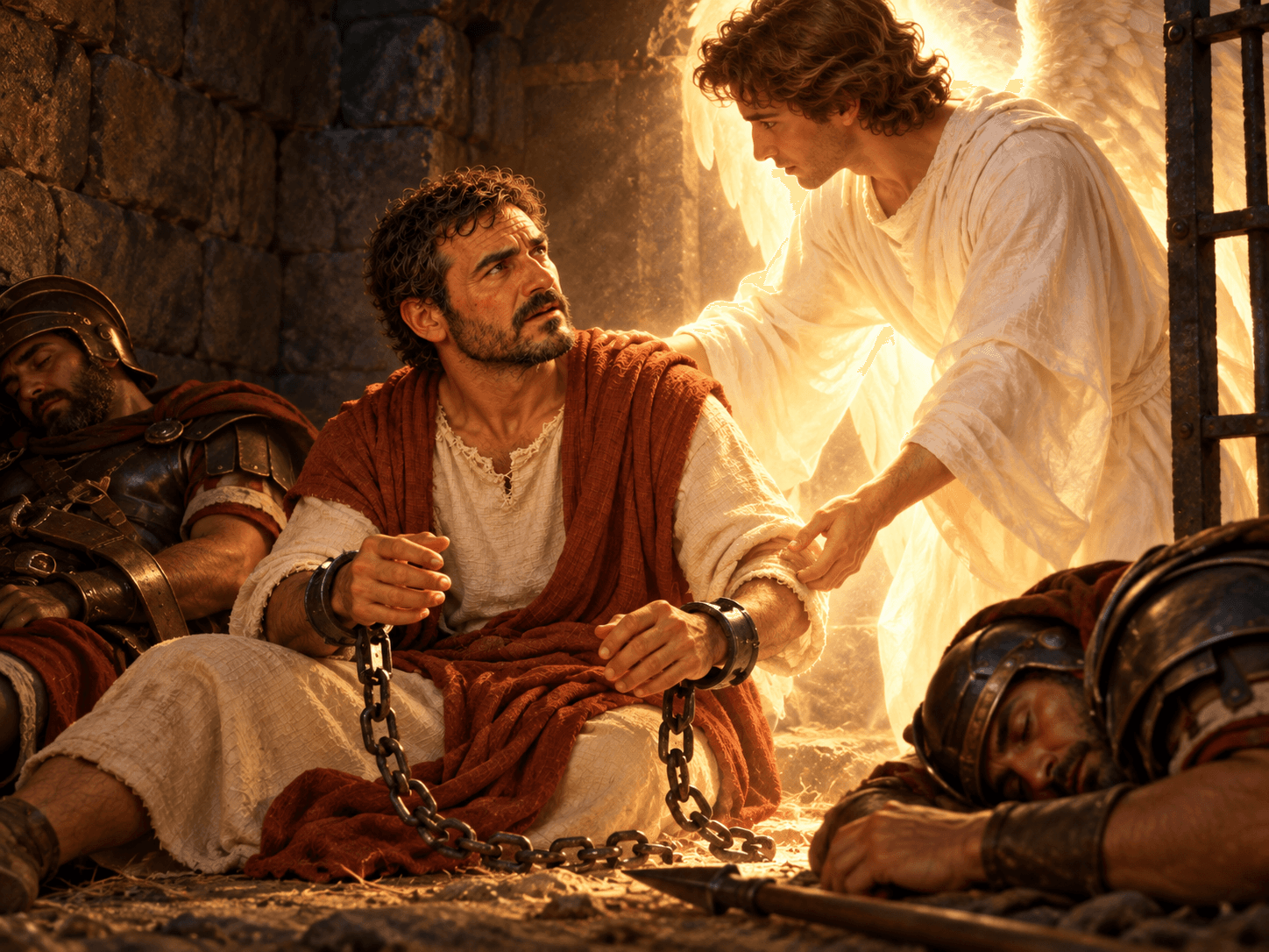 A painting of an angel freeing Peter from his chains in prison