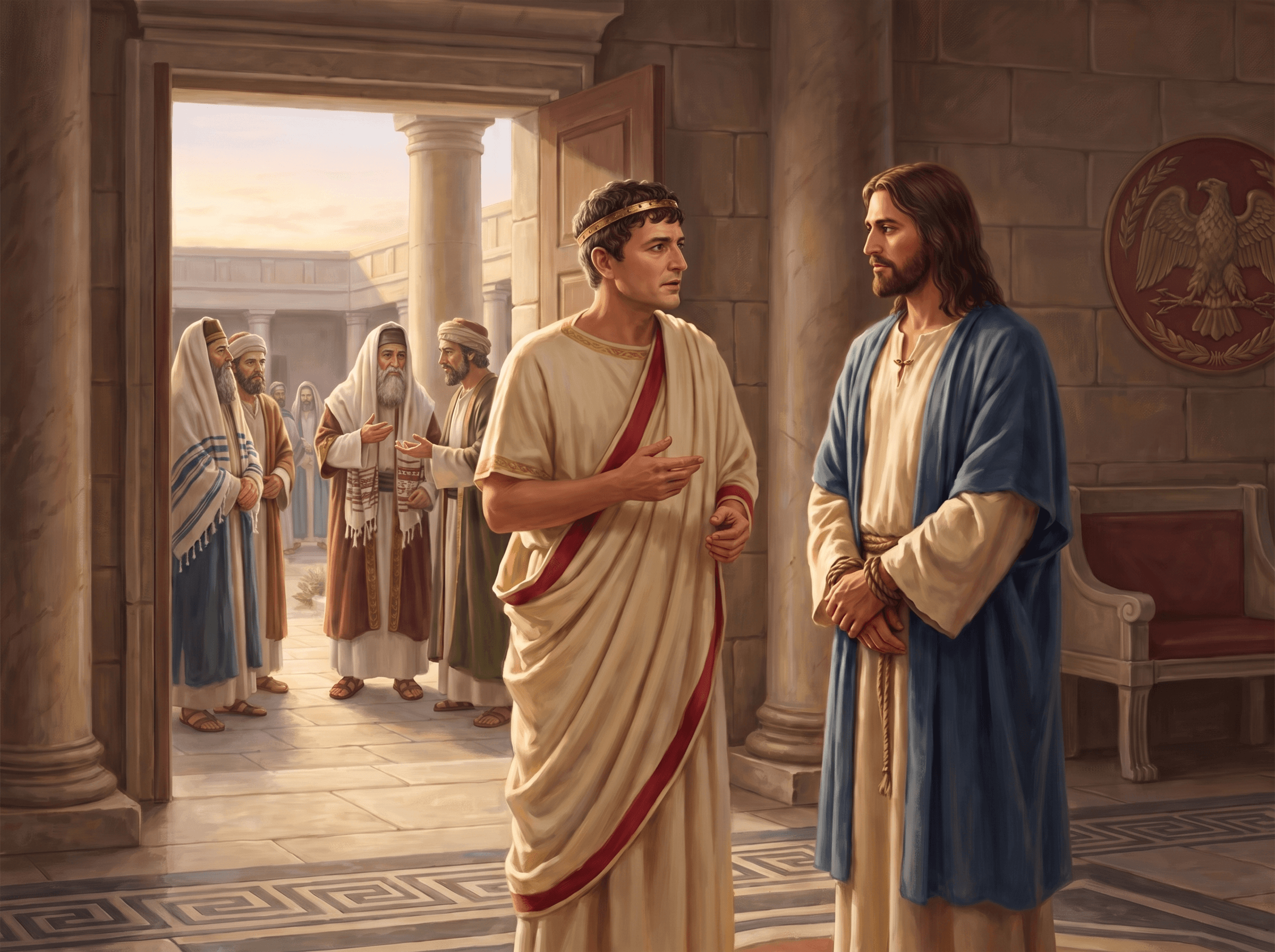 A painting of Pilate questioning Jesus, whose hands are bound, inside the governor's hall as the leaders wait outside the door