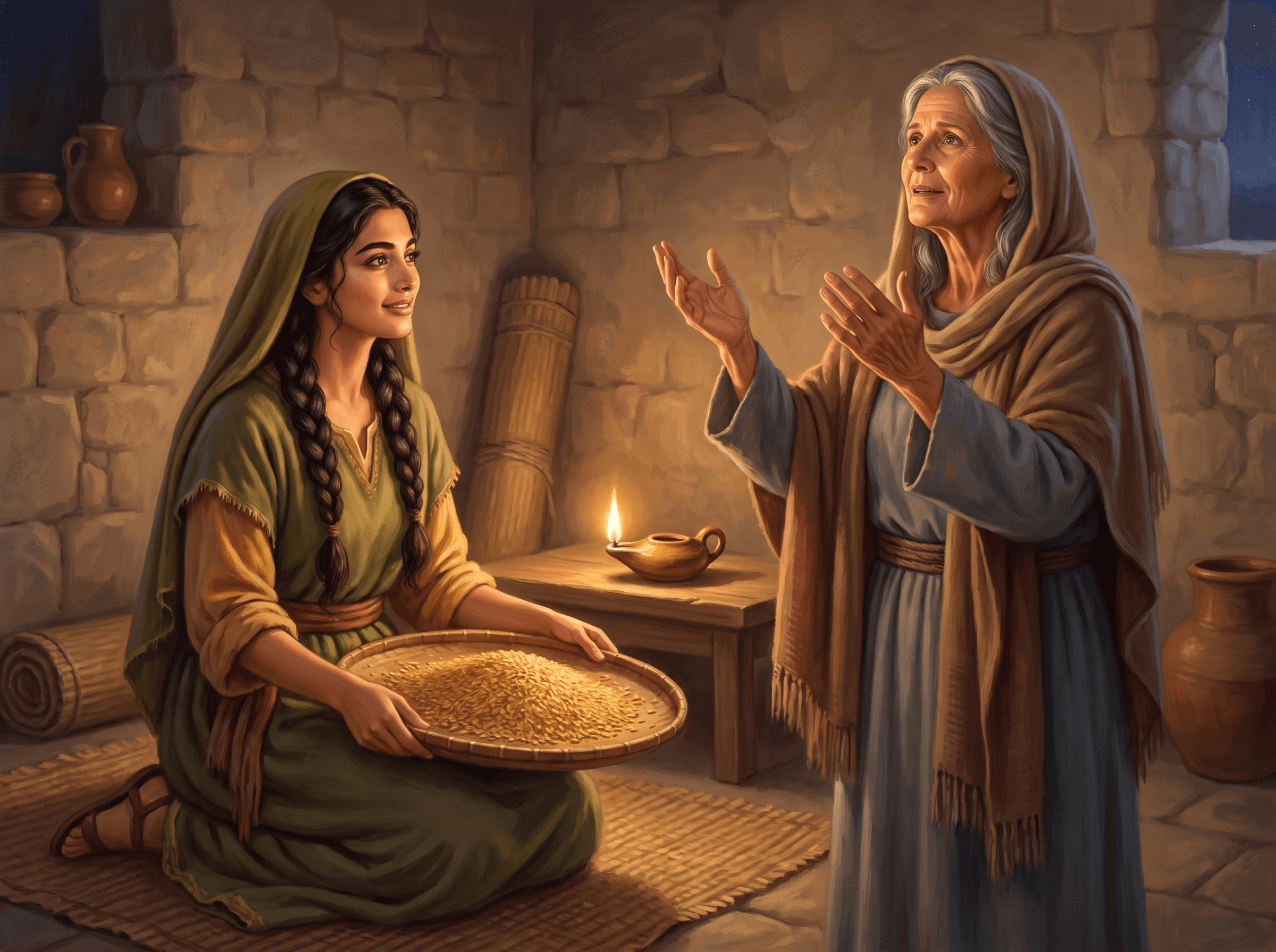 A painting of Ruth kneeling with a basket of barley as Naomi lifts her hands and blesses the man who was kind to her