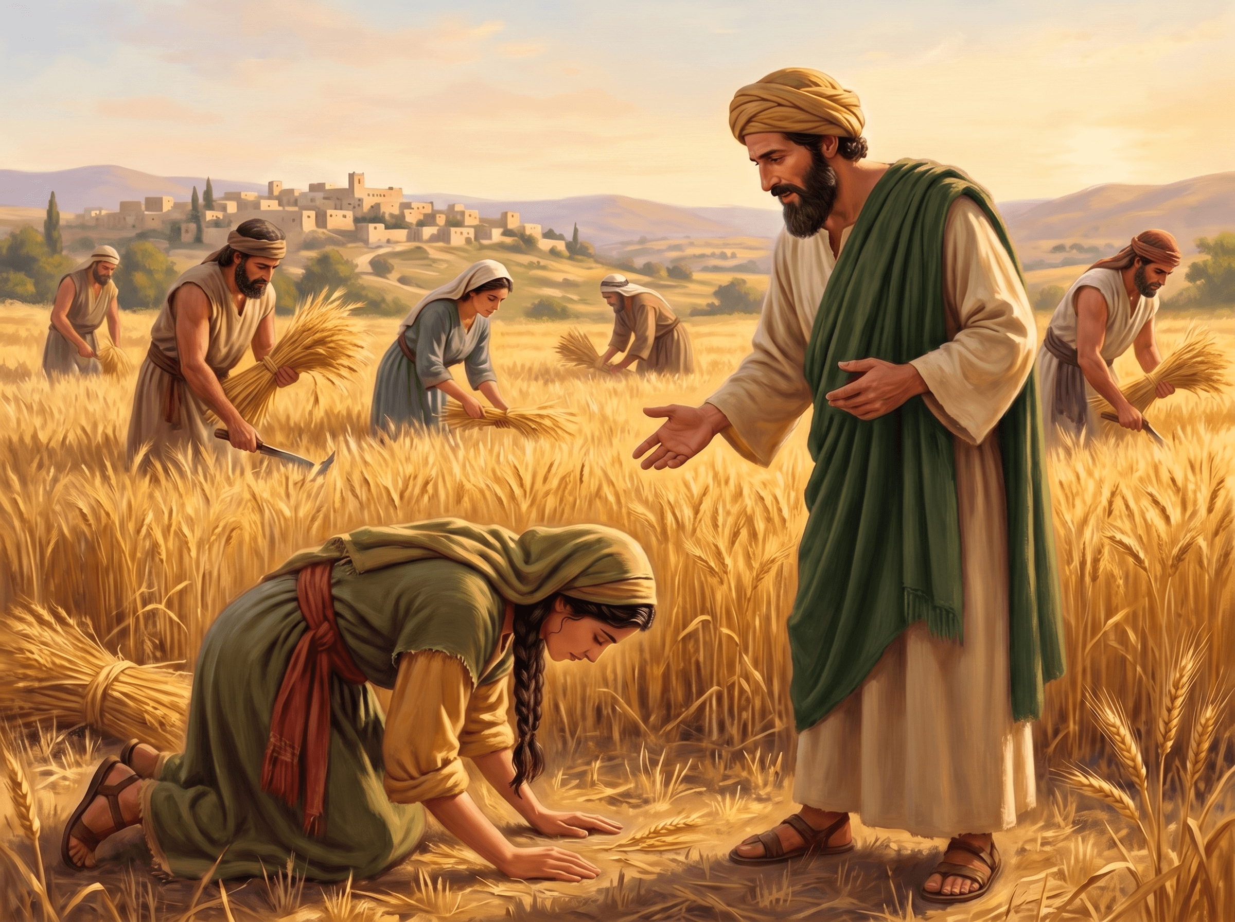 A painting of Ruth gathering grain on her knees in the field as Boaz speaks kindly to her and the reapers work behind them