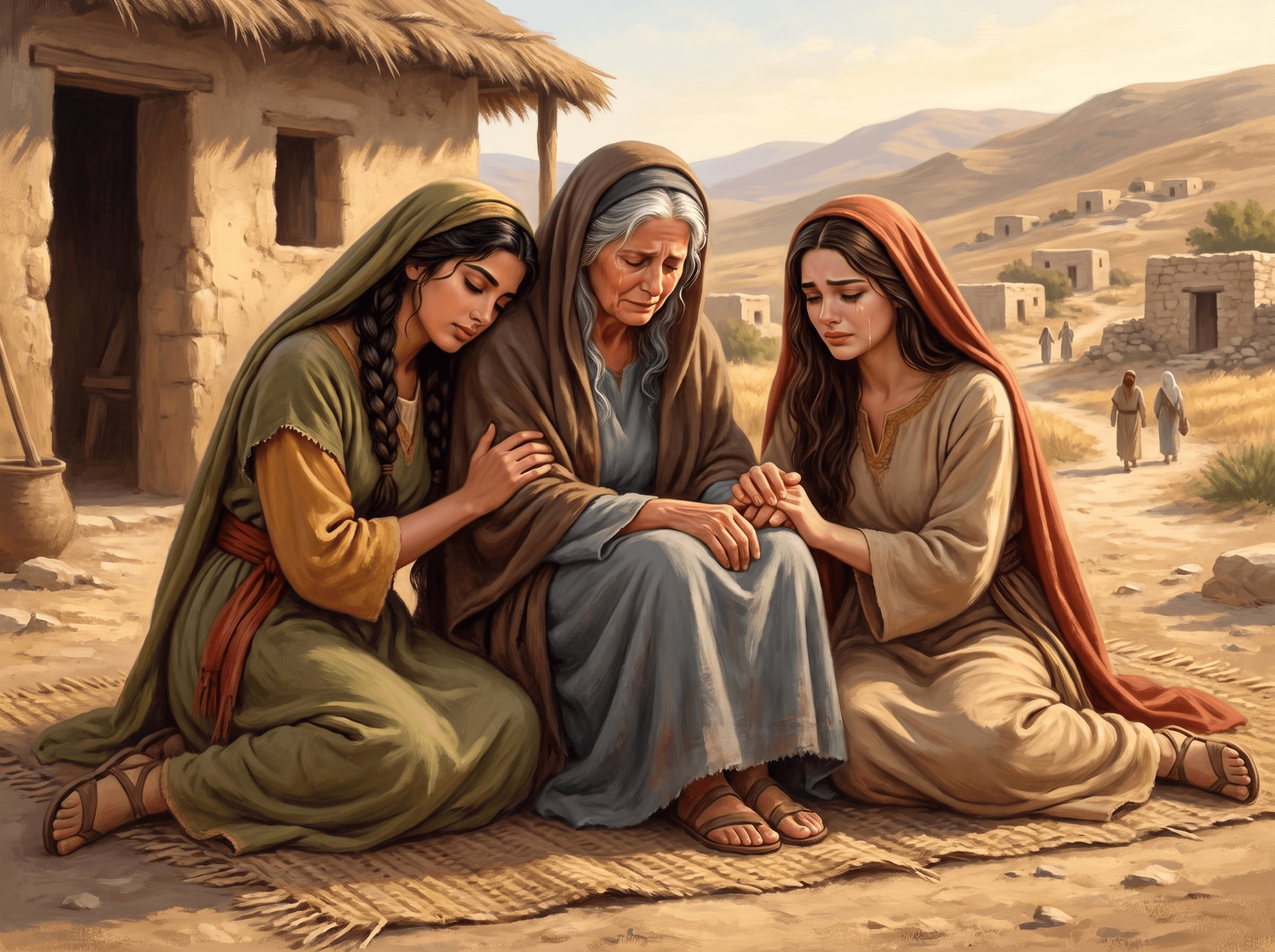 A painting of Naomi weeping between her daughters-in-law Ruth and Orpah outside a house in Moab