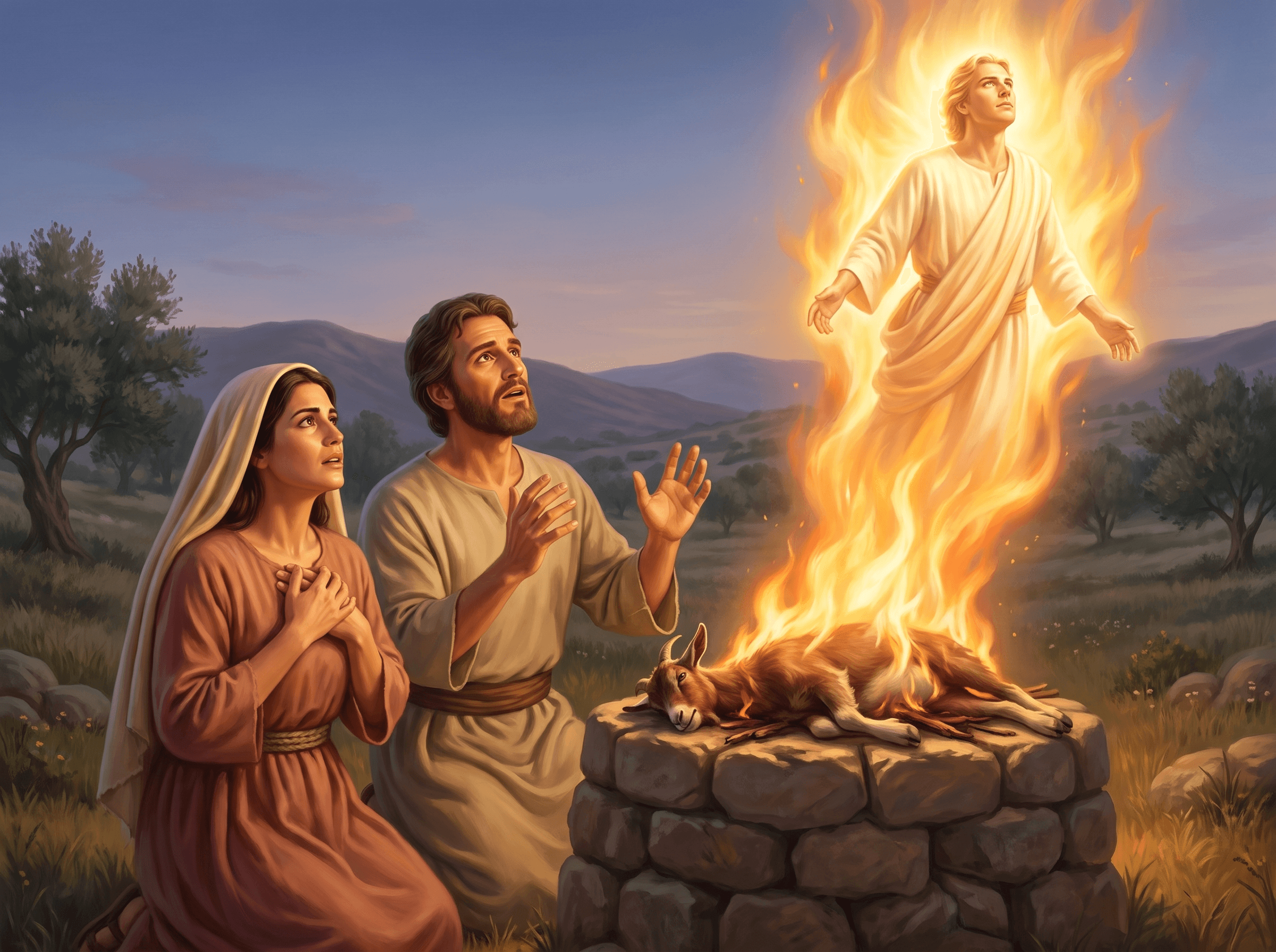 A painting of Manoah and his wife watching in awe as the angel of the LORD goes up in the flame of their offering on the rock