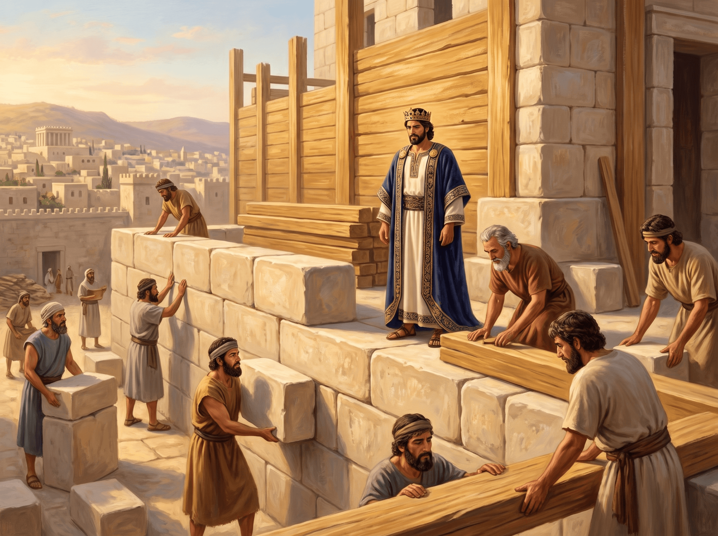 A painting of King Solomon watching as builders set great finished stones into the walls of the temple and fit cedar beams