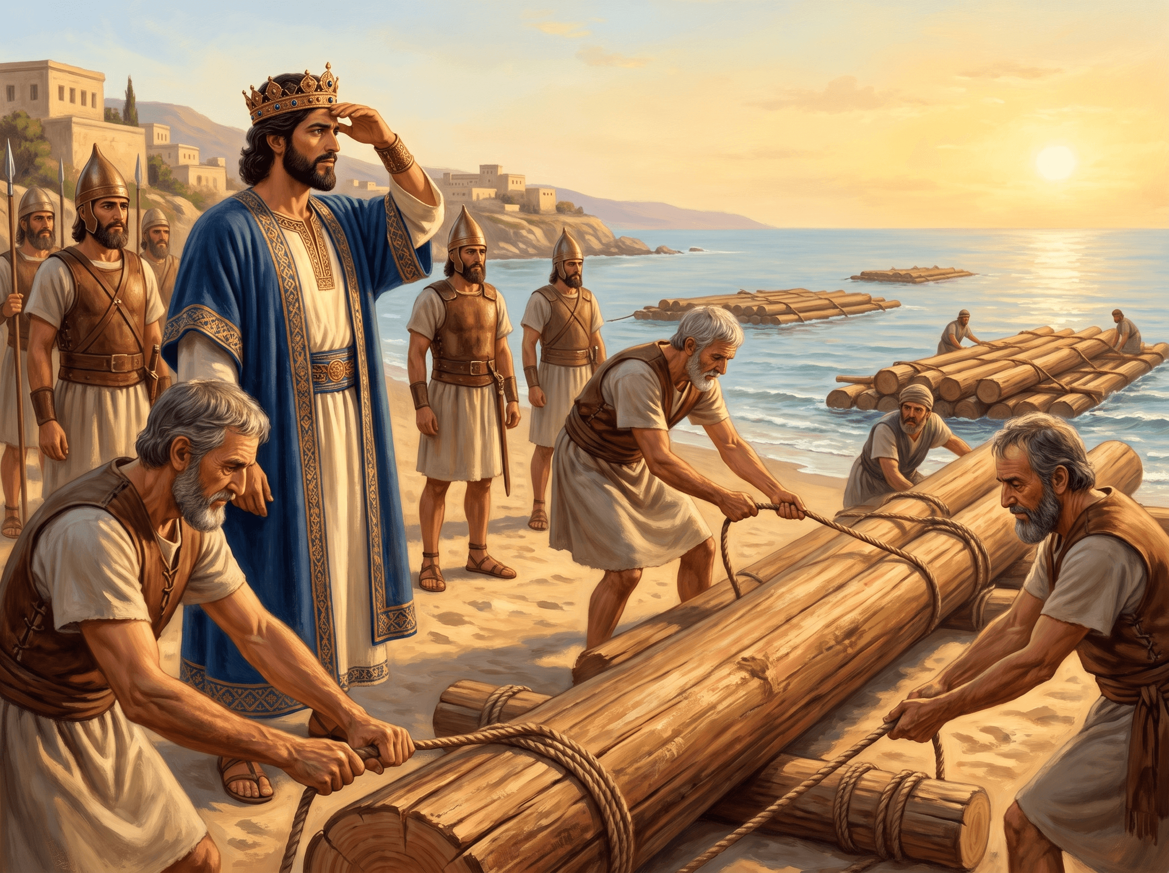 A painting of King Solomon on the seashore watching workers haul great cedar logs ashore from rafts floating in the sea