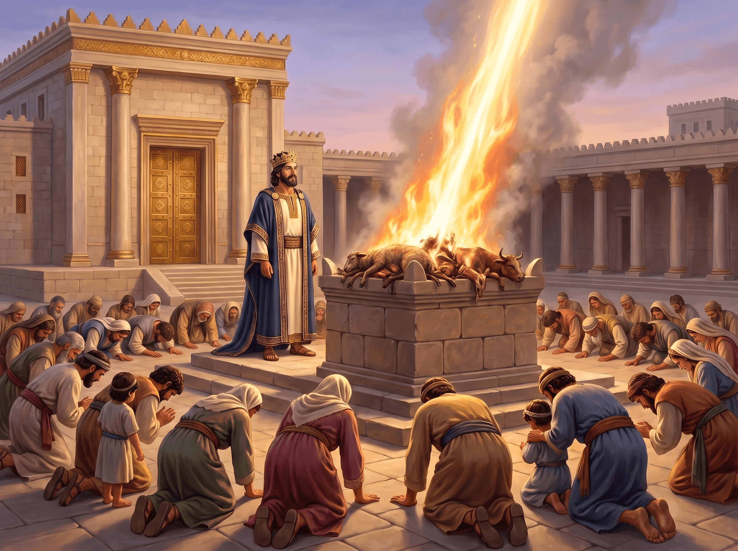 A painting of fire coming down from heaven onto the altar before the temple, as King Solomon stands by and the people bow with their faces to the pavement