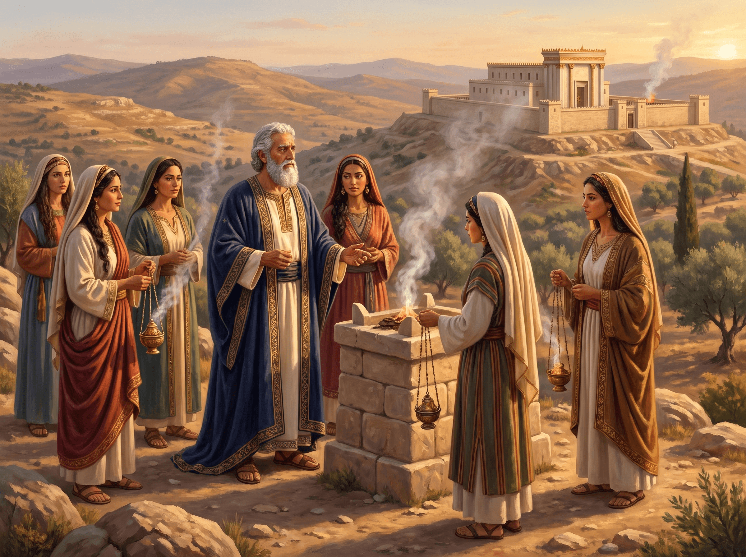A painting of the aged King Solomon standing among his foreign wives as they burn incense at an altar on a hill, with the temple far off