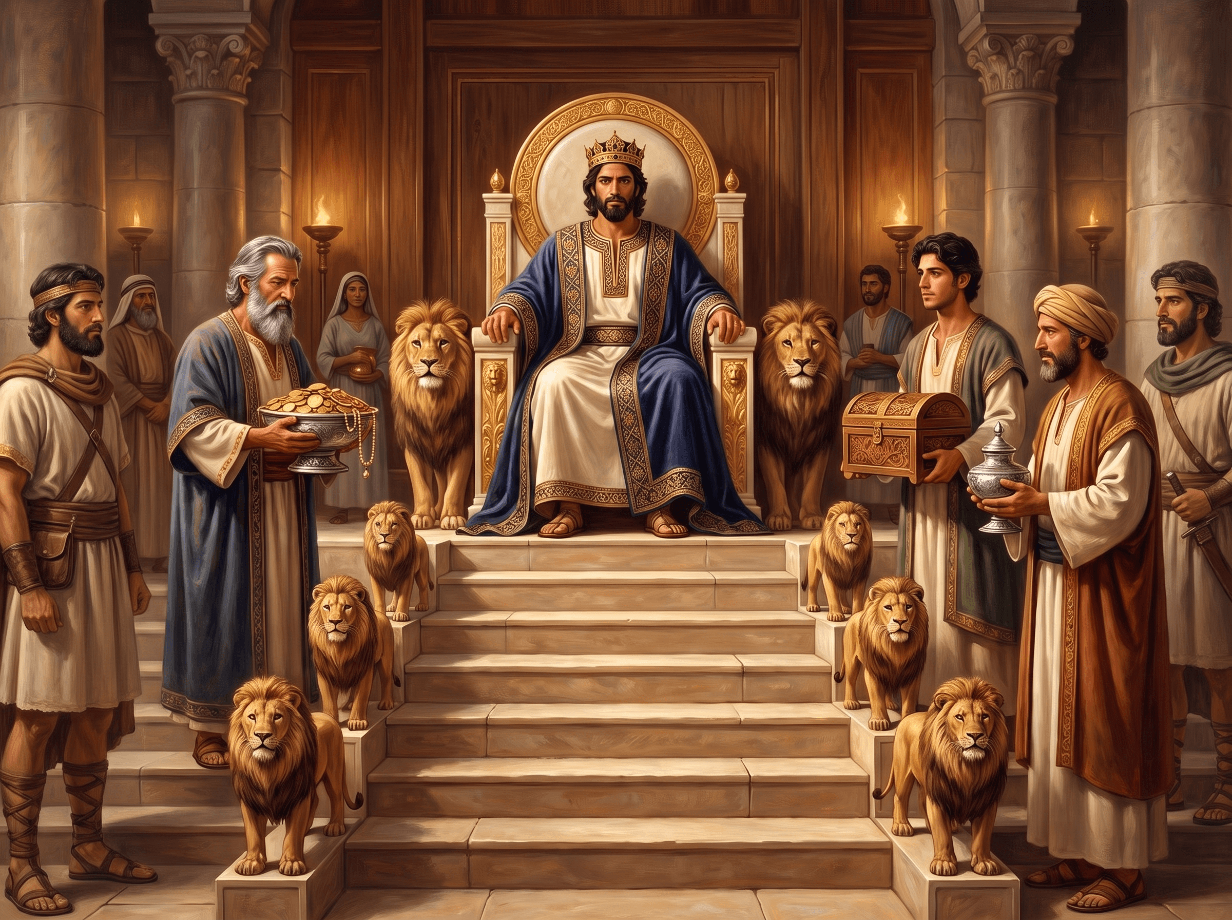 A painting of King Solomon on his great throne of ivory and gold, with lions on its six steps, as visitors bring him gifts of gold and silver