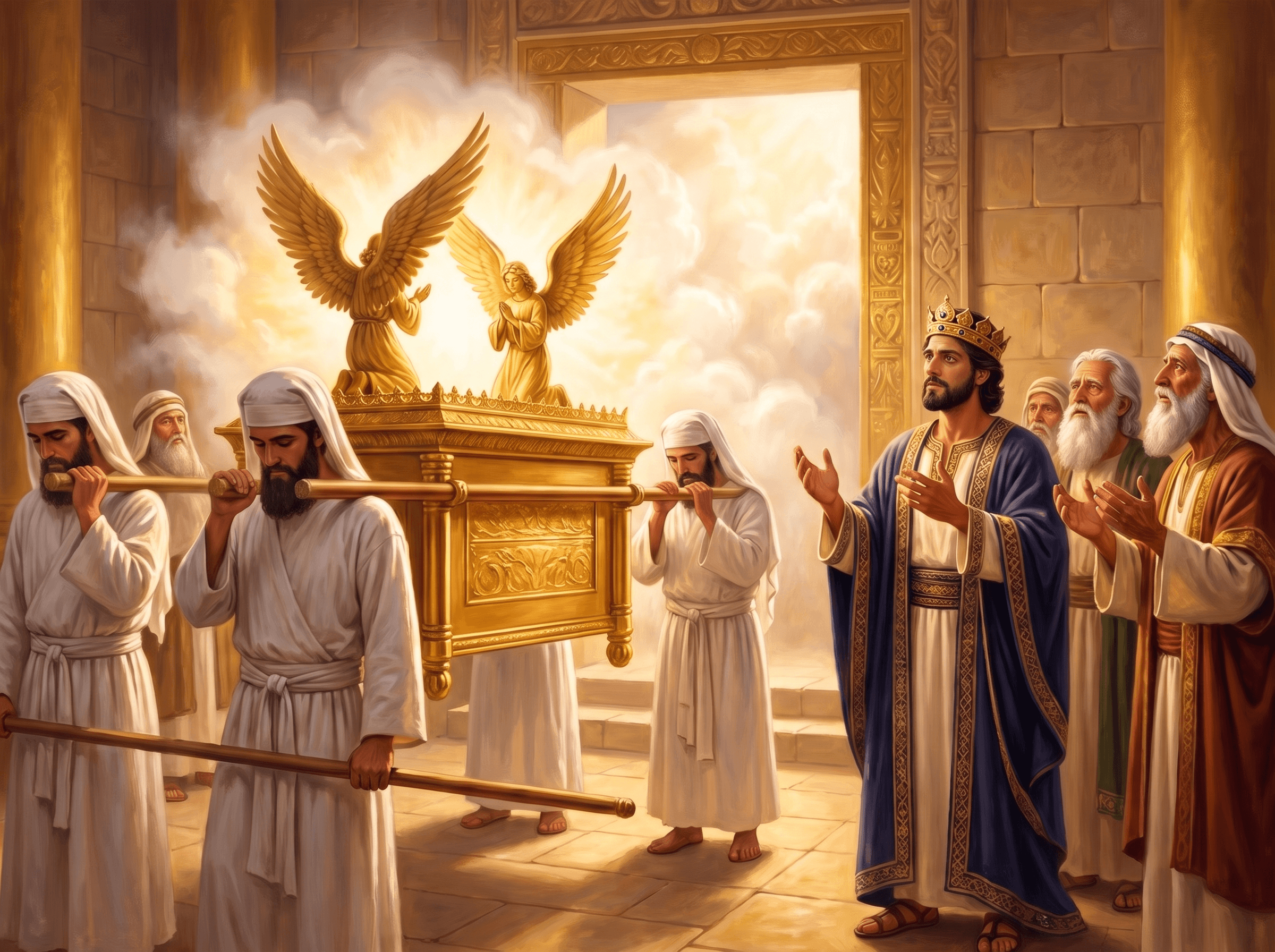 A painting of priests carrying the golden ark of the covenant on its poles into the temple, as a bright cloud fills the house and King Solomon and the elders look on
