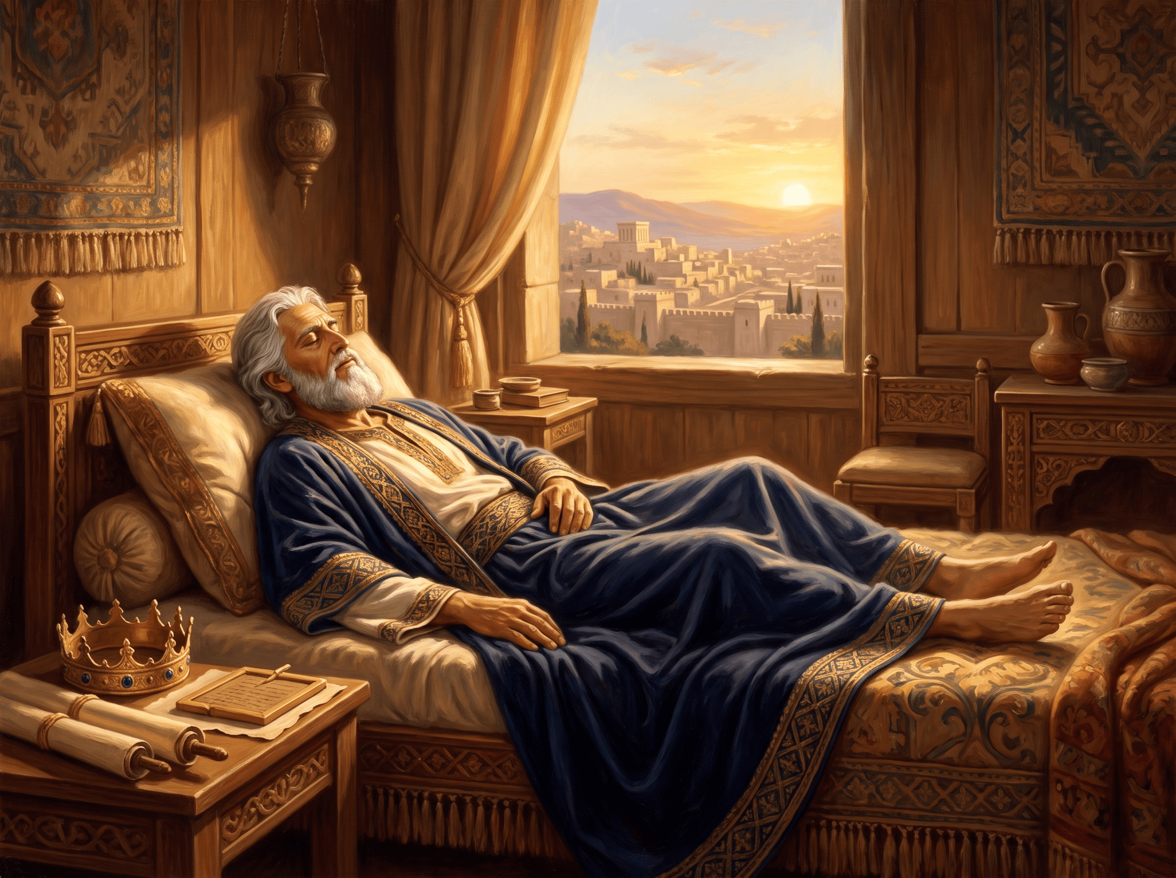 A painting of the aged King Solomon lying at rest on his bed in the evening light, his crown set aside on a table