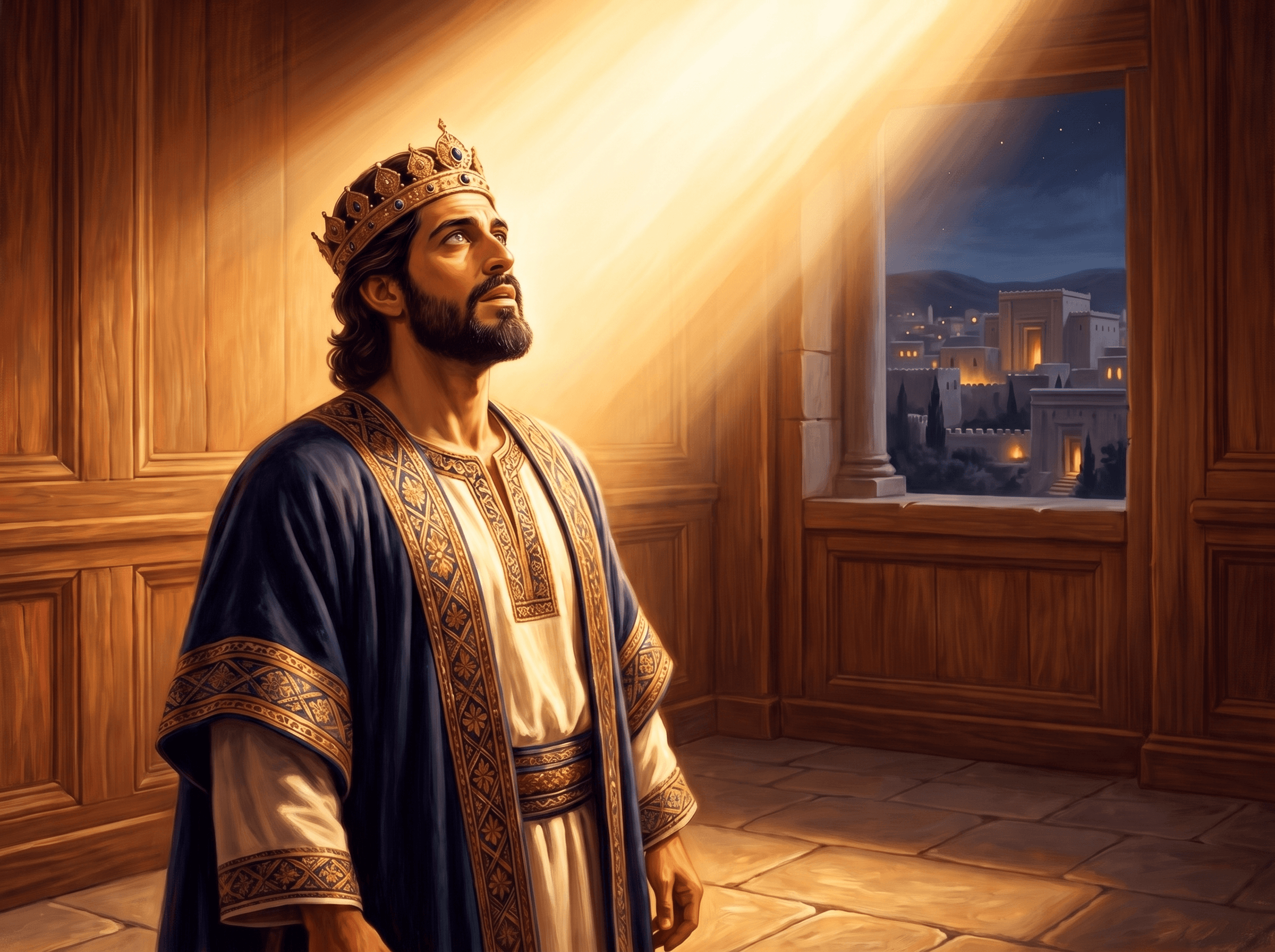 A painting of King Solomon looking up in awe at night as a warm, brilliant light fills the room
