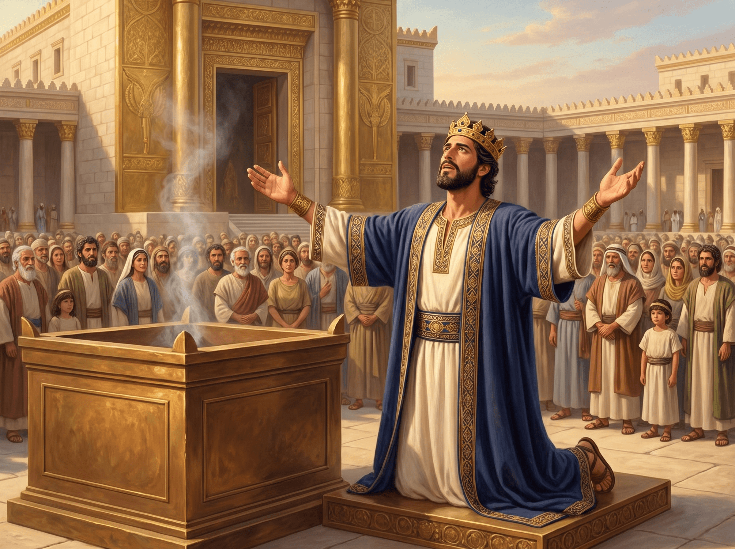 A painting of King Solomon kneeling before the altar with his hands spread out toward heaven, as the people of Israel stand before him