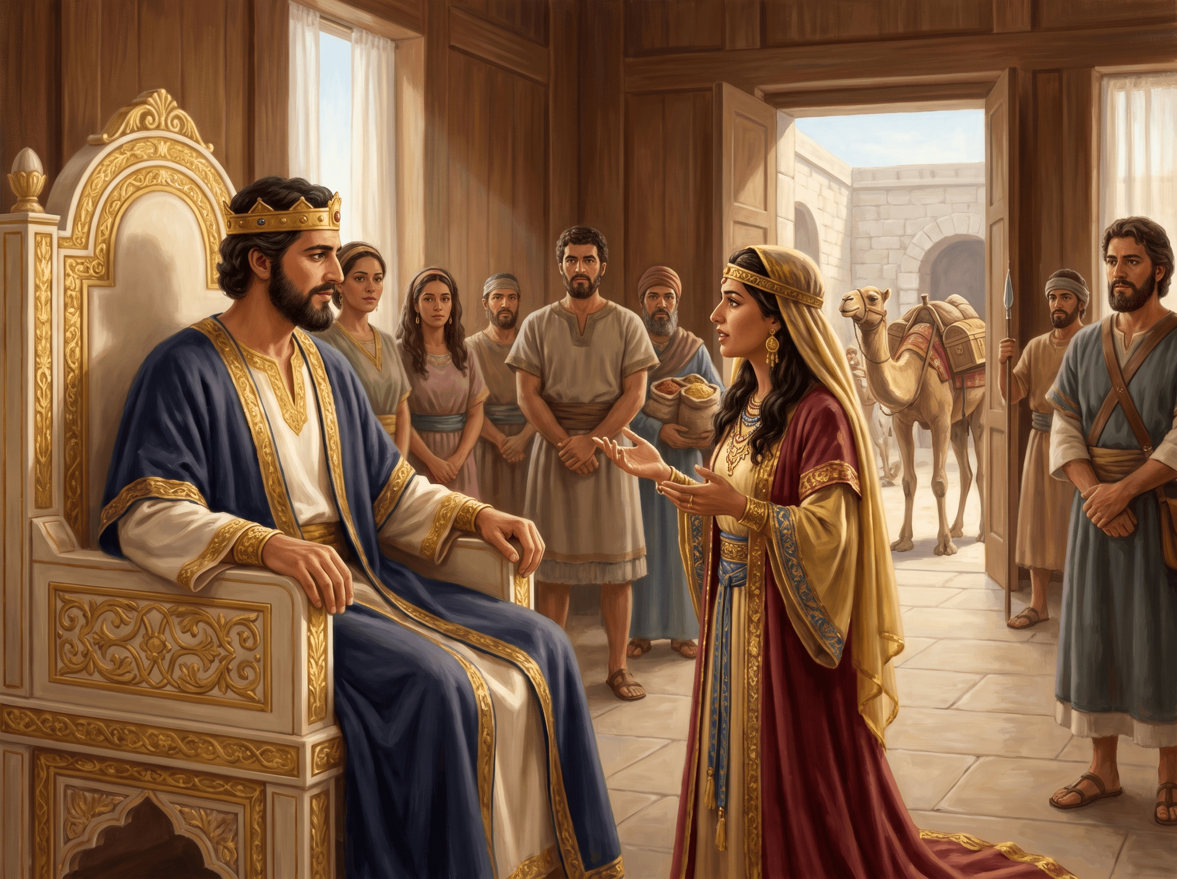 A painting of the queen of Sheba standing before King Solomon on his throne and asking him hard questions, as her servants and camels wait in the court outside