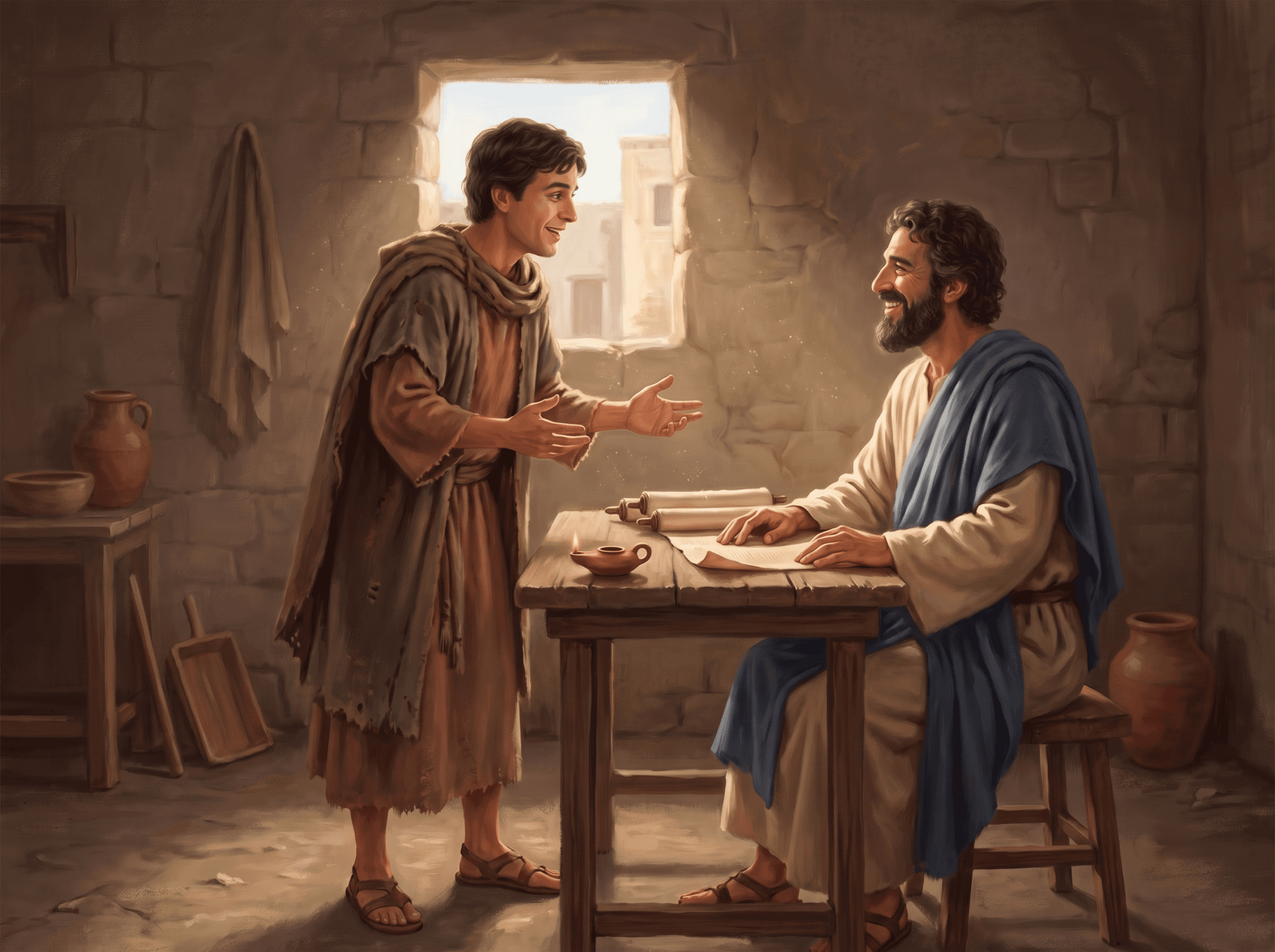A painting of Timothy, worn from travel, back with Paul and bringing him good news of the believers' faith and love, as Paul smiles at his writing table