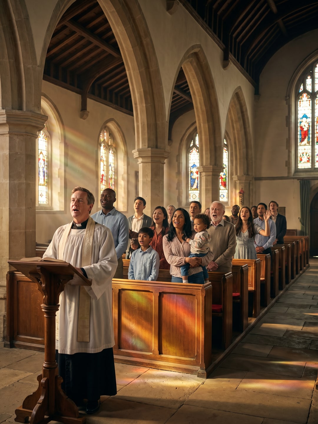A joyful, diverse congregation stands singing together in a beautiful church as the minister sings at the lectern