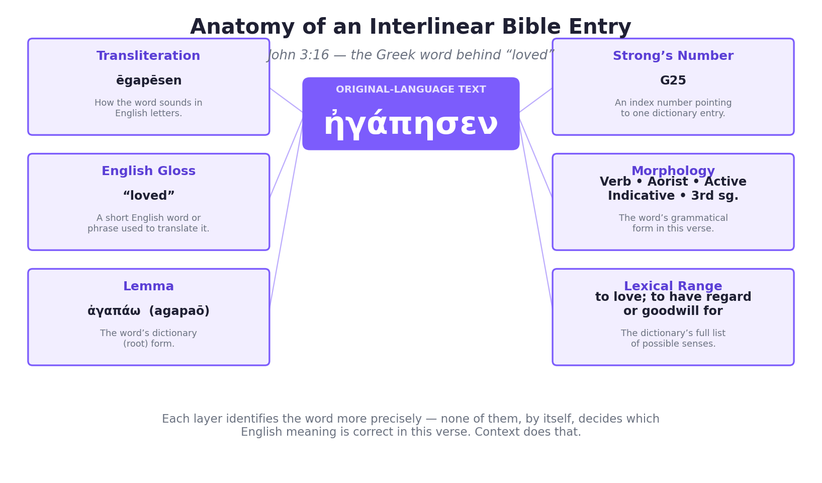 Anatomy of an Interlinear Bible entry, showing the Greek word ēgapēsen from John 3:16 labeled with its transliteration, English gloss, lemma, Strong's number, morphology, and lexical range